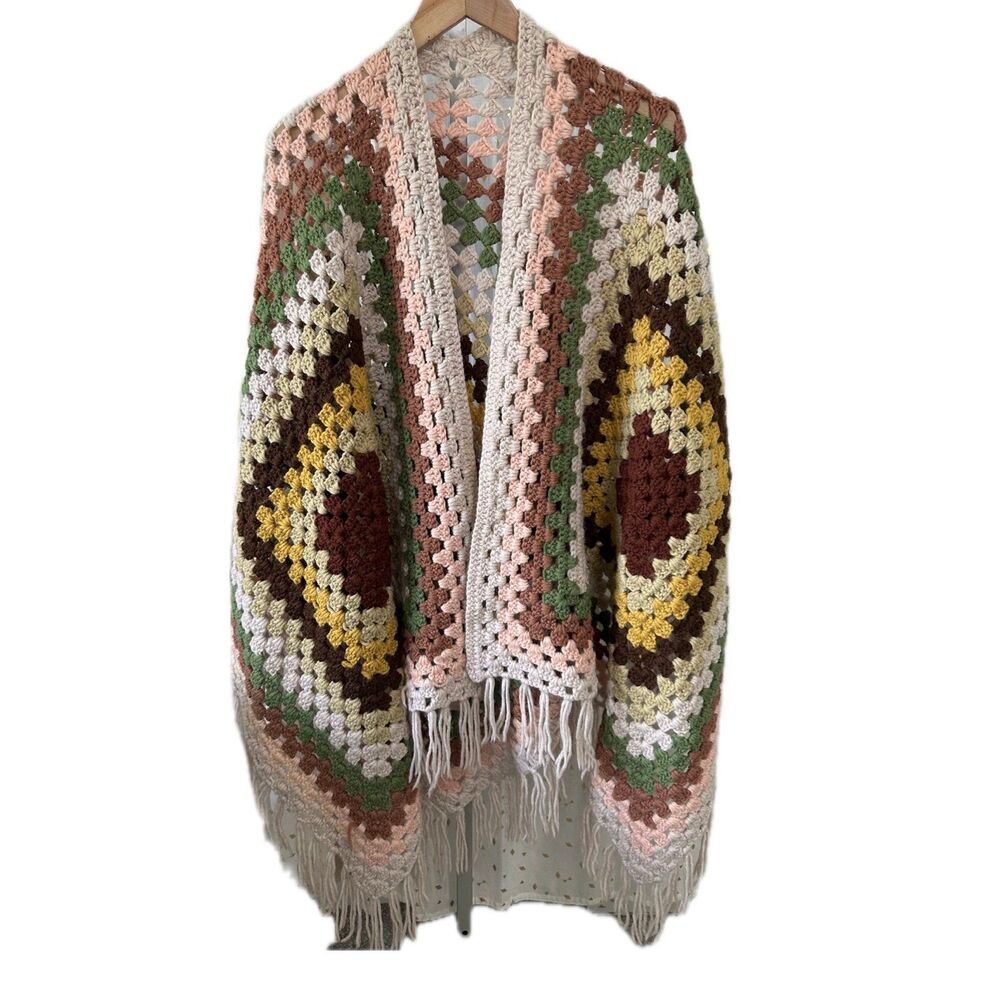Handmade Crochet Granny Square Hexagon Fringe Earthy Open Cardigan One Size